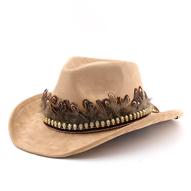 Cappello da cowboy in pelle scamosciata con fascia decorativa etnica in piume - Avorio - M (22"-22 7/8") - image 0