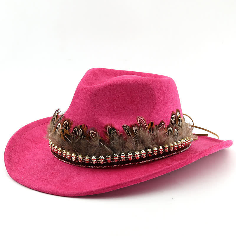 Cappello da cowboy in pelle scamosciata con fascia decorativa etnica in piume - Rosa - M (22"-22 7/8") - image 5