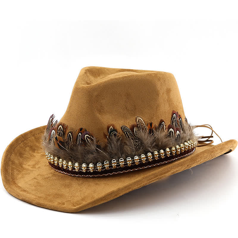 Cappello da cowboy in pelle scamosciata con fascia decorativa etnica in piume - Cachi - M (22"-22 7/8") - image 6