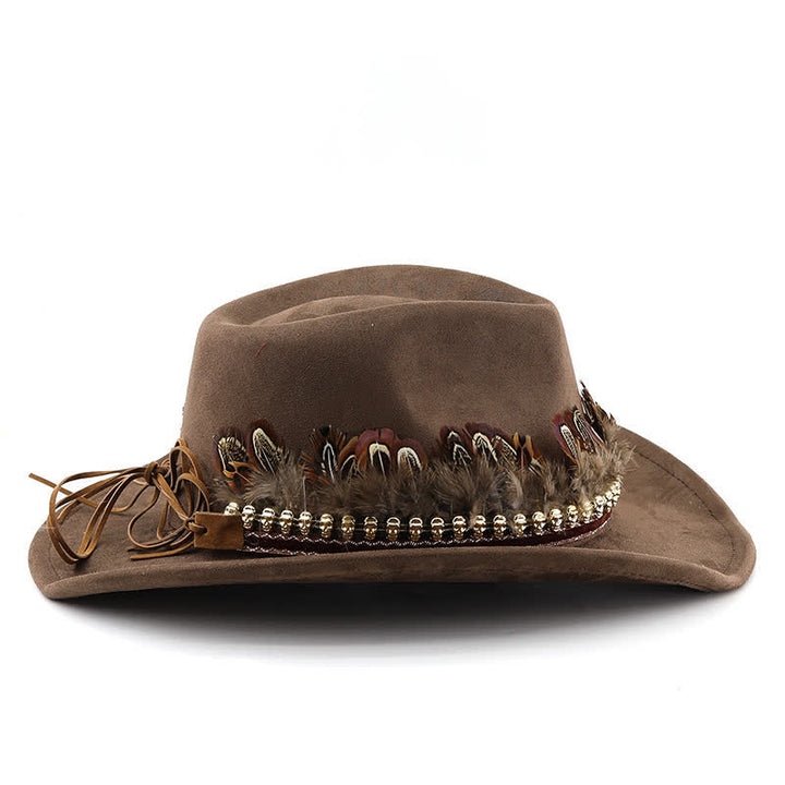 Cappello da cowboy in pelle scamosciata con fascia decorativa etnica in piume - image 1
