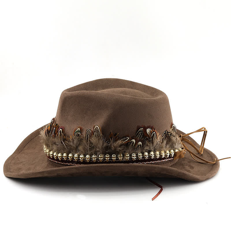 Cappello da cowboy in pelle scamosciata con fascia decorativa etnica in piume - image 3
