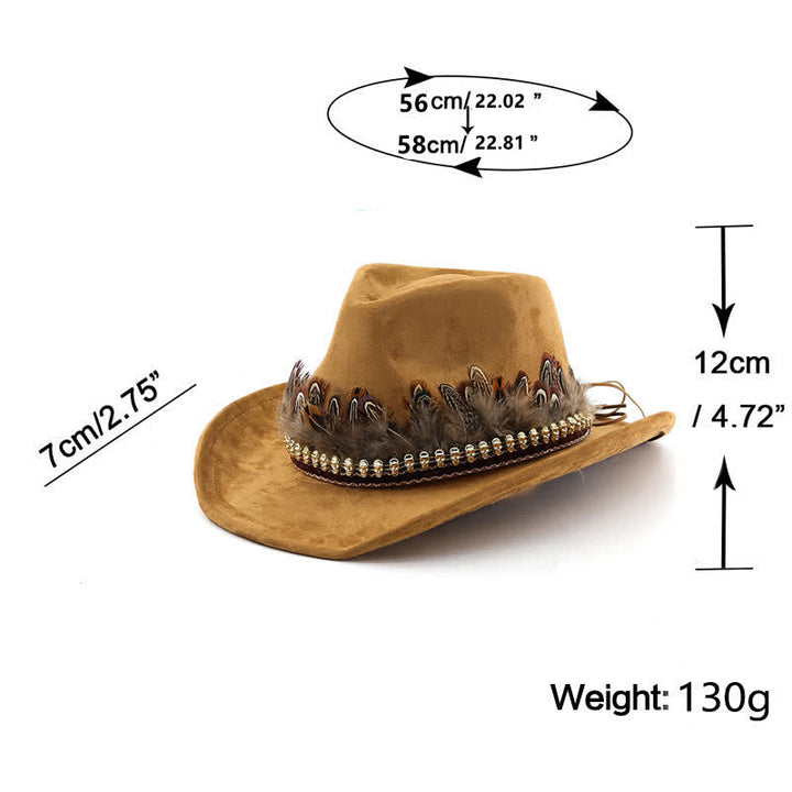 Cappello da cowboy in pelle scamosciata con fascia decorativa etnica in piume - image 9