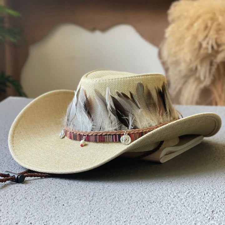 Cappello da cowboy western con fascia di piume in stile etnico a tesa larga - Beige - M (22"-22 7/8") - image 2