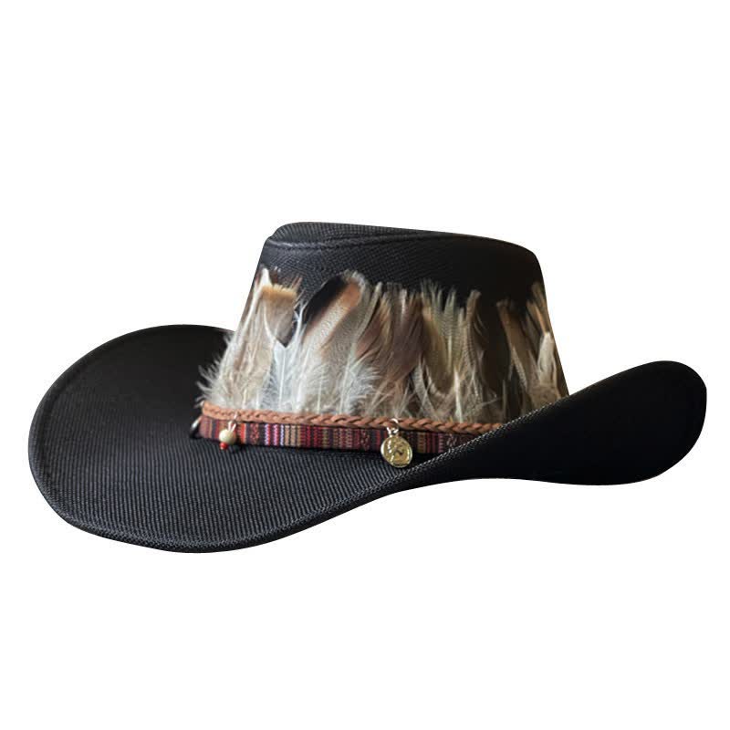 Cappello da cowboy western con fascia di piume in stile etnico a tesa larga - image 0