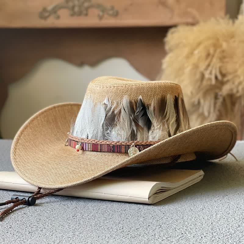 Cappello da cowboy western con fascia di piume in stile etnico a tesa larga - Cammello - M (22"-22 7/8") - image 3