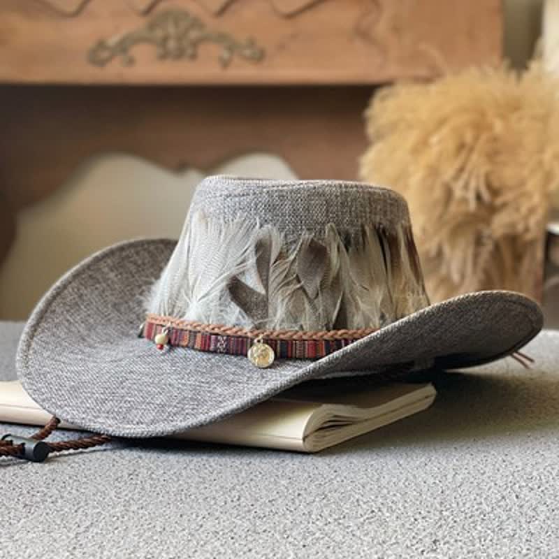 Cappello da cowboy western con fascia di piume in stile etnico a tesa larga - Grigio - M (22"-22 7/8") - image 5