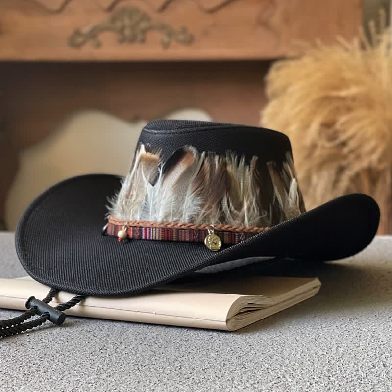 Cappello da cowboy western con fascia di piume in stile etnico a tesa larga - Nero - M (22"-22 7/8") - image 1