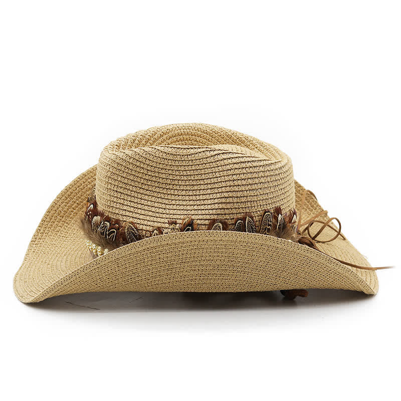 Cappello da cowboy classico in paglia con fascia di piume estive - image 2