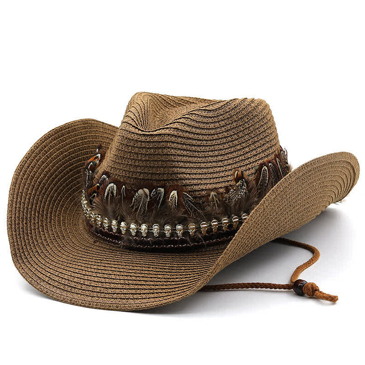 Cappello da cowboy classico in paglia con fascia di piume estive - Caffè - M (22"-22 7/8") - image 4