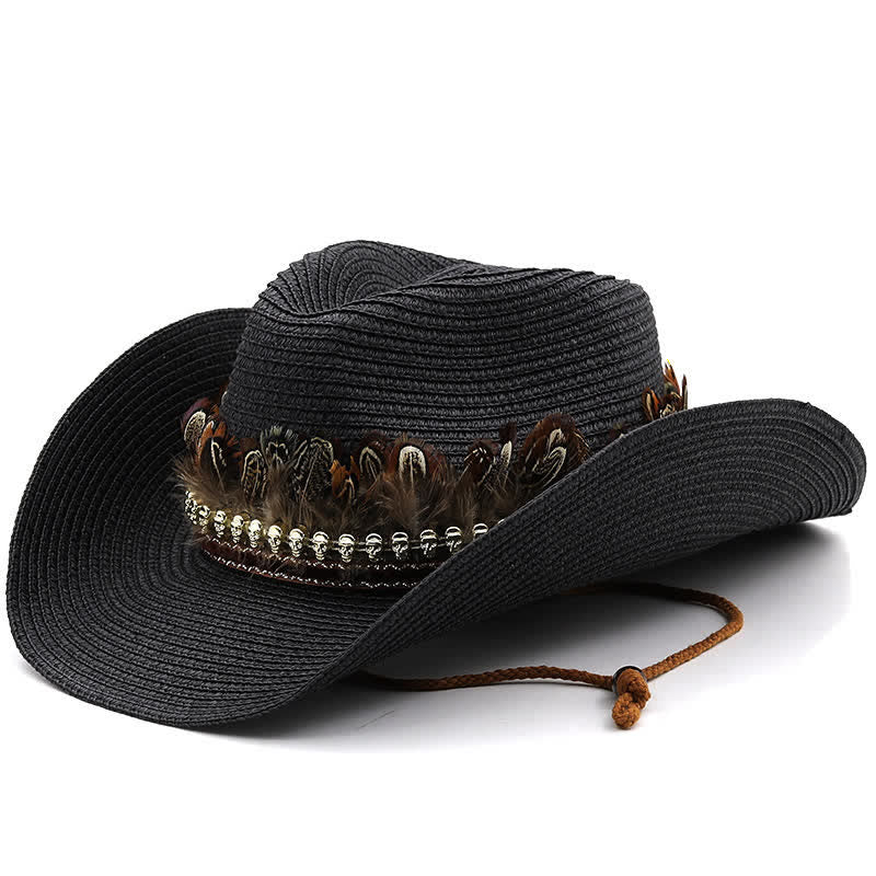 Cappello da cowboy classico in paglia con fascia di piume estive - Nero - M (22"-22 7/8") - image 10
