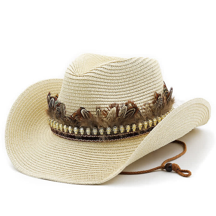 Cappello da cowboy classico in paglia con fascia di piume estive - Beige - M (22"-22 7/8") - image 7