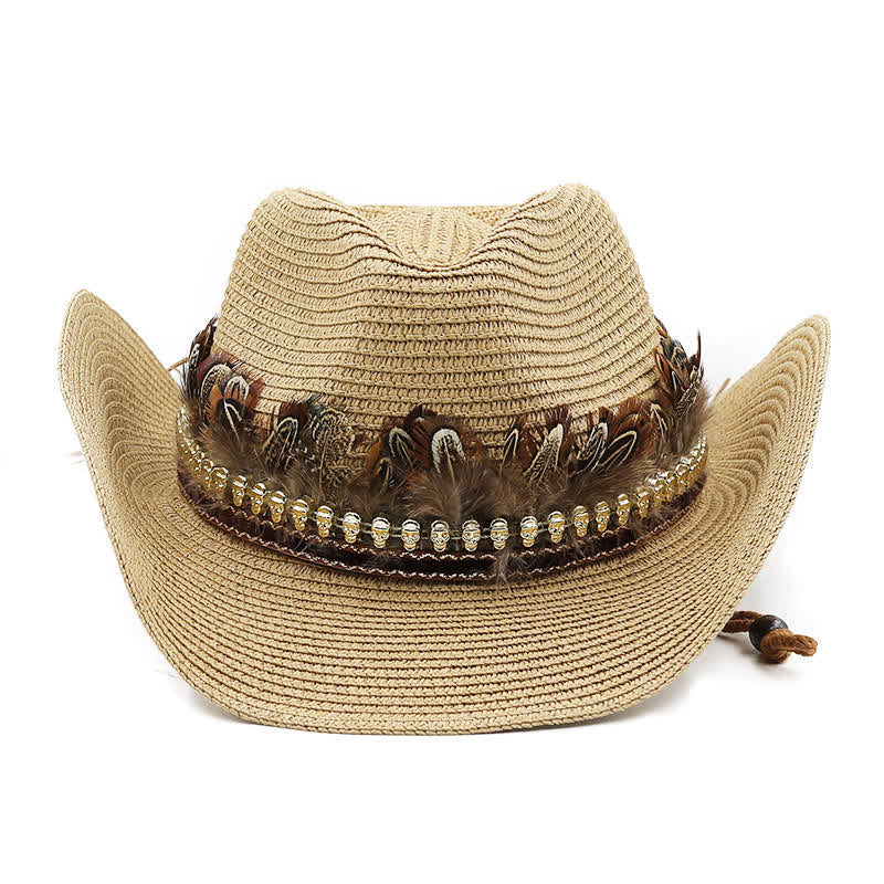 Cappello da cowboy classico in paglia con fascia di piume estive - image 1
