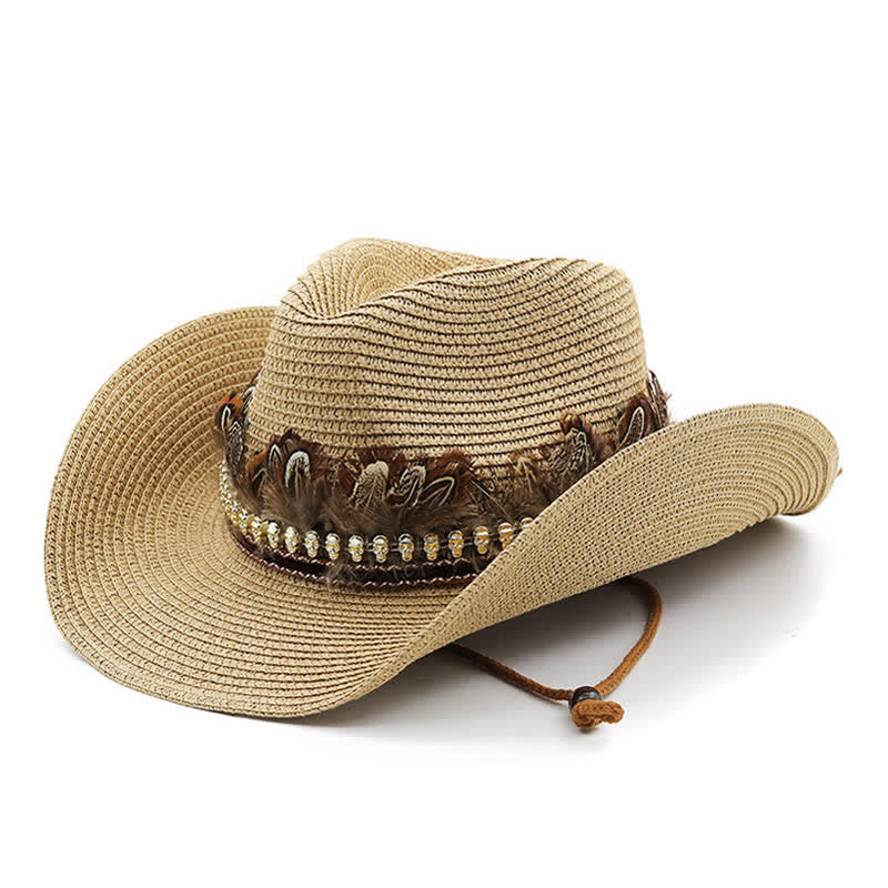 Cappello da cowboy classico in paglia con fascia di piume estive - Cachi - M (22"-22 7/8") - image 0