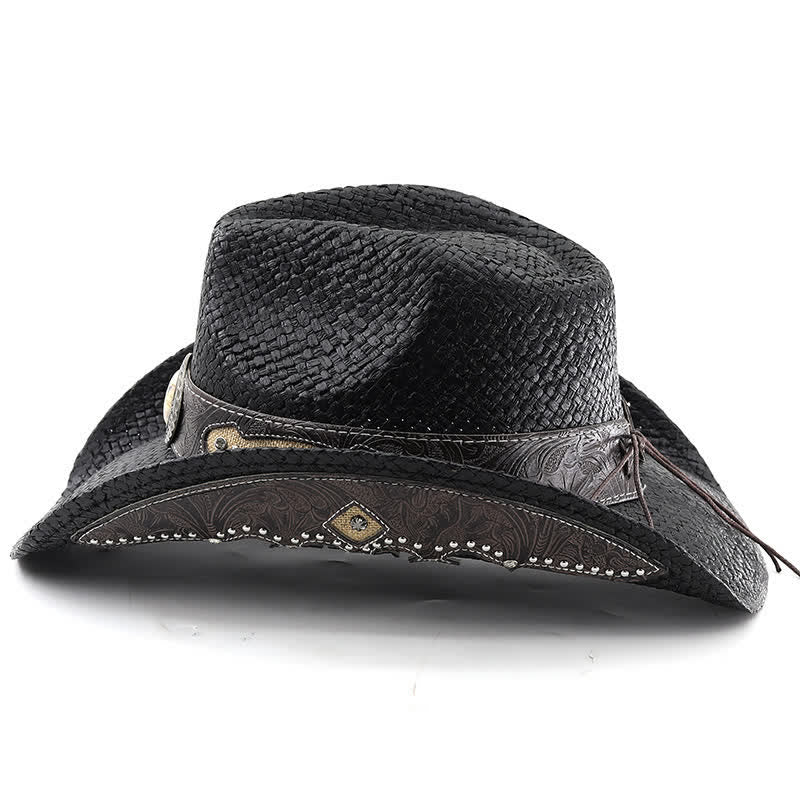Cappello da cowboy in paglia con vernice spray e fibbia a forma di fiore vintage - image 1