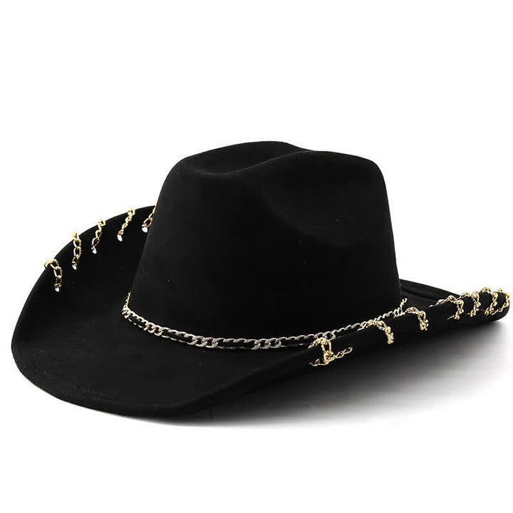 Cappello da cowboy in velluto scamosciato con catena in metallo dorato punk per tutte le stagioni - Nero - M (22"-22 7/8") - image 8