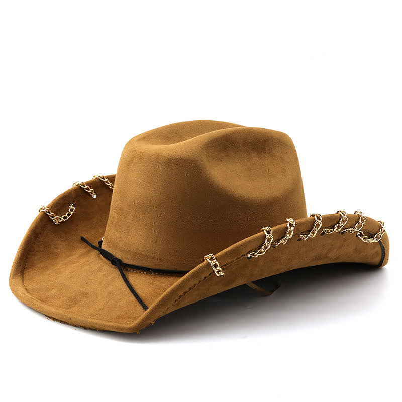 Cappello da cowboy in velluto scamosciato con catena in metallo dorato punk per tutte le stagioni - image 3