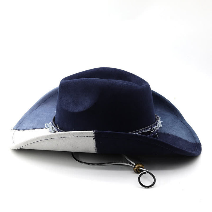 Cappello da cowboy in velluto scamosciato sintetico con contrasto di colore blu navy e bianco - image 2