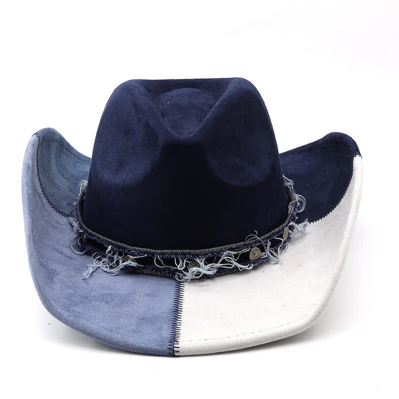 Cappello da cowboy in velluto scamosciato sintetico con contrasto di colore blu navy e bianco - image 1