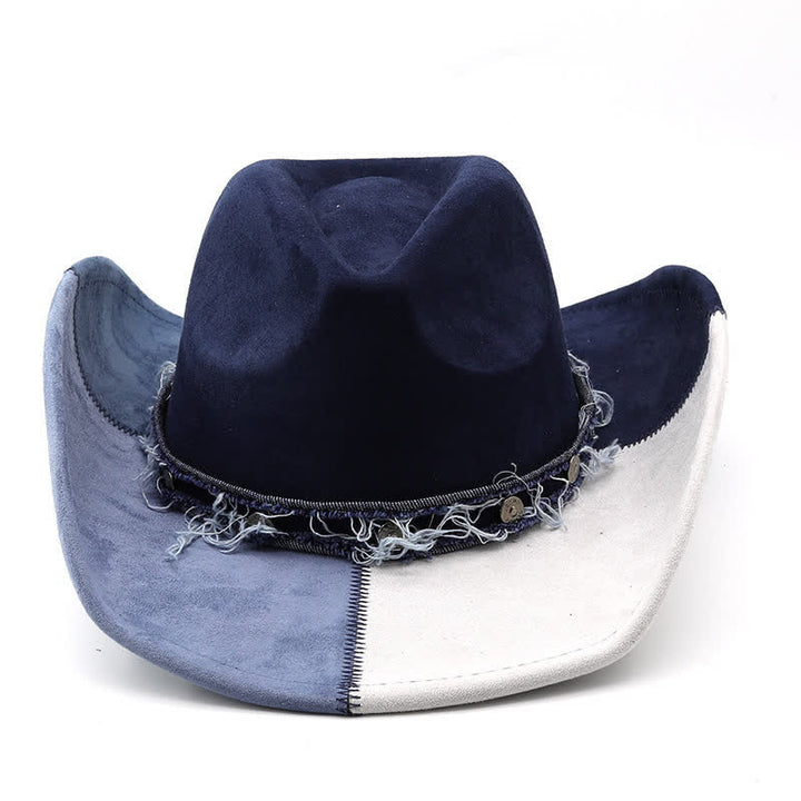 Cappello da cowboy in velluto scamosciato sintetico con contrasto di colore blu navy e bianco - image 1