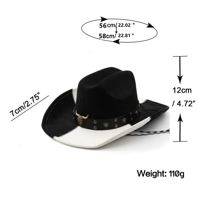 Cappello da cowboy in finta pelle scamosciata con fascia a contrasto in bianco e nero con rivetti a forma di toro - image 4