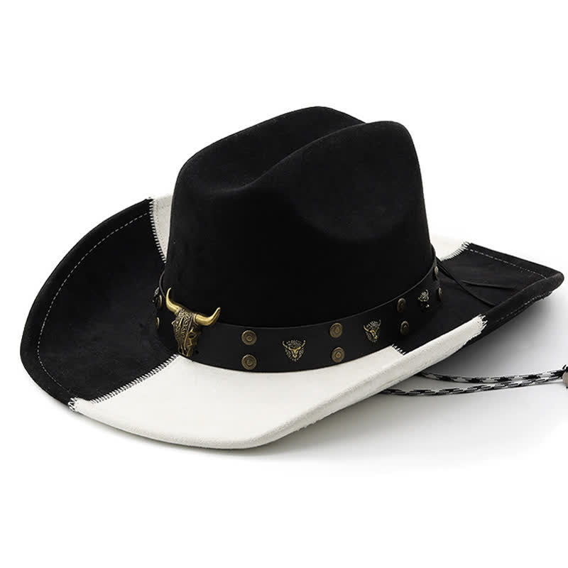 Cappello da cowboy in finta pelle scamosciata con fascia a contrasto in bianco e nero con rivetti a forma di toro - Bianco e nero - M (22"-22 7/8") - image 0