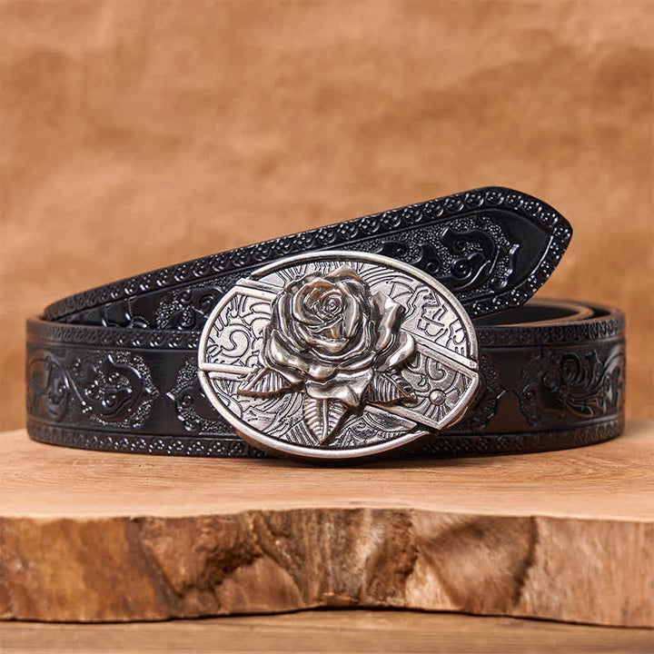 Cintura in pelle fai da te da uomo con coltello pieghevole nascosto Western Rose - Rosa occidentale - Cintura nera intagliata - 42 - image 8