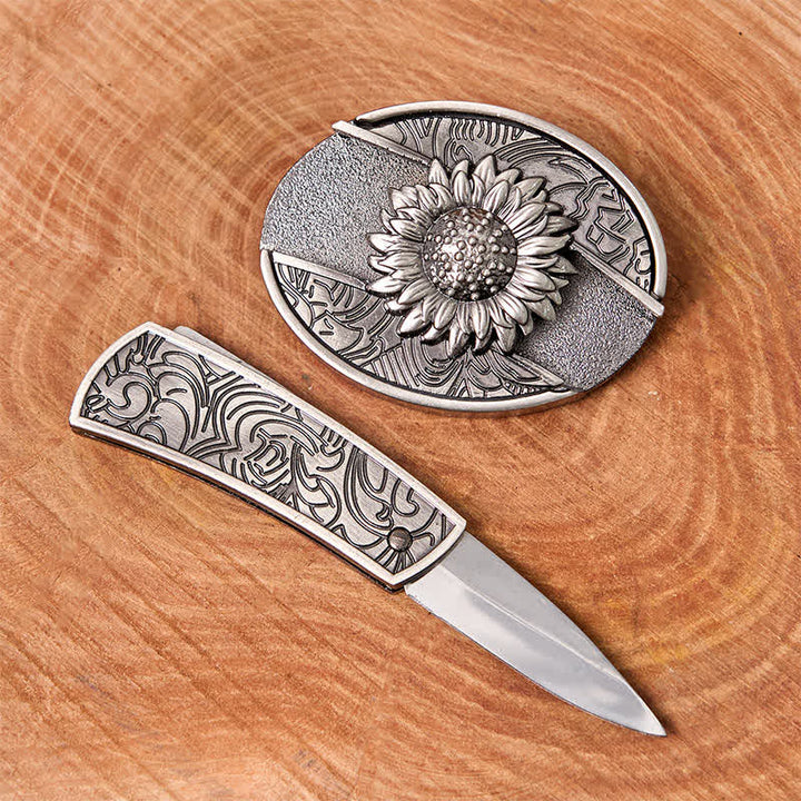 Cintura in pelle con coltello pieghevole nascosto a forma di girasole fai da te da uomo - image 1