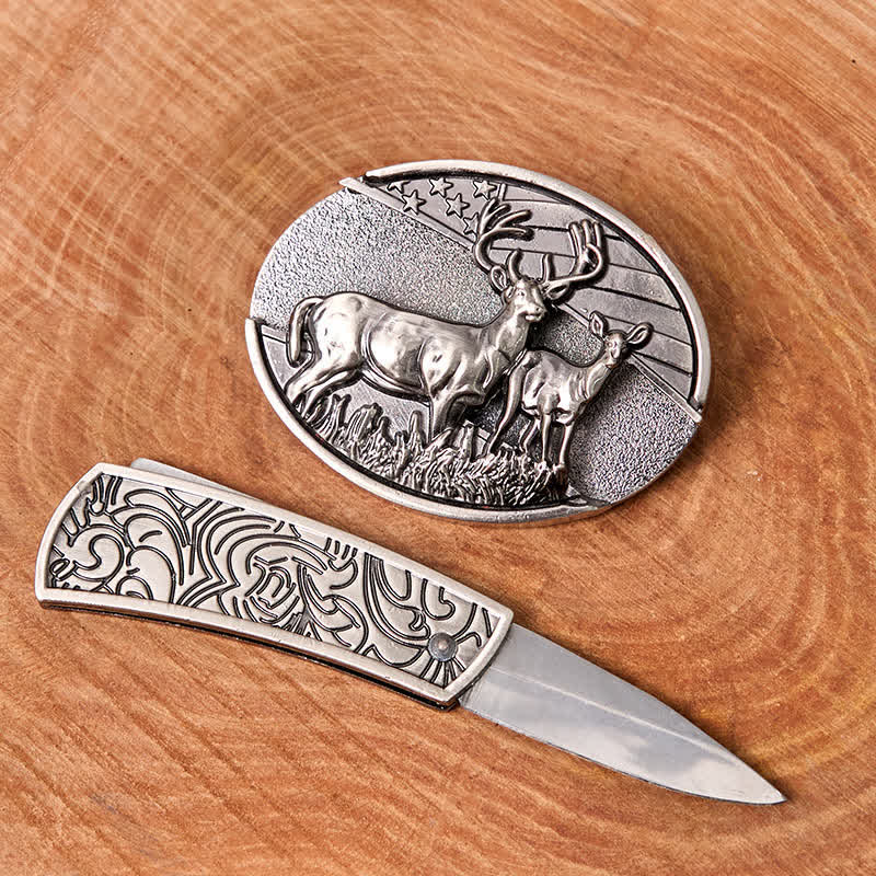 Cintura in pelle con coltello pieghevole nascosto a forma di bandiera di cervo fai da te da uomo - image 1