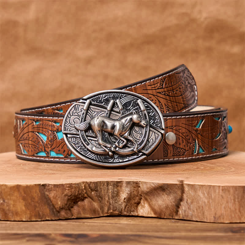 Cintura in pelle con coltello pieghevole nascosto fai da te da uomo a forma di cavallo al galoppo - Cavallo al galoppo - Cintura intagliata turchese - 42 - image 8