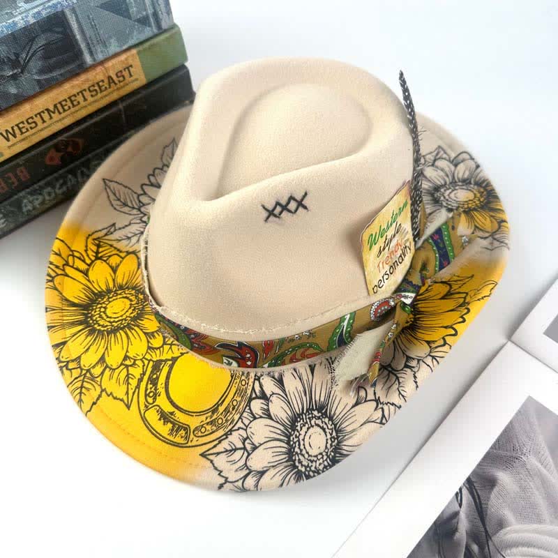 Cappello da cowboy western con decorazione a forma di girasole e piume dipinta a spruzzo - Avorio - M (22"-22 7/8") - image 5