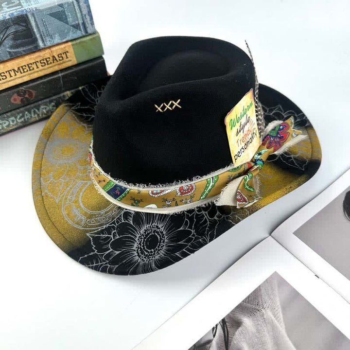 Cappello da cowboy western con decorazione a forma di girasole e piume dipinta a spruzzo - Nero - M (22"-22 7/8") - image 3