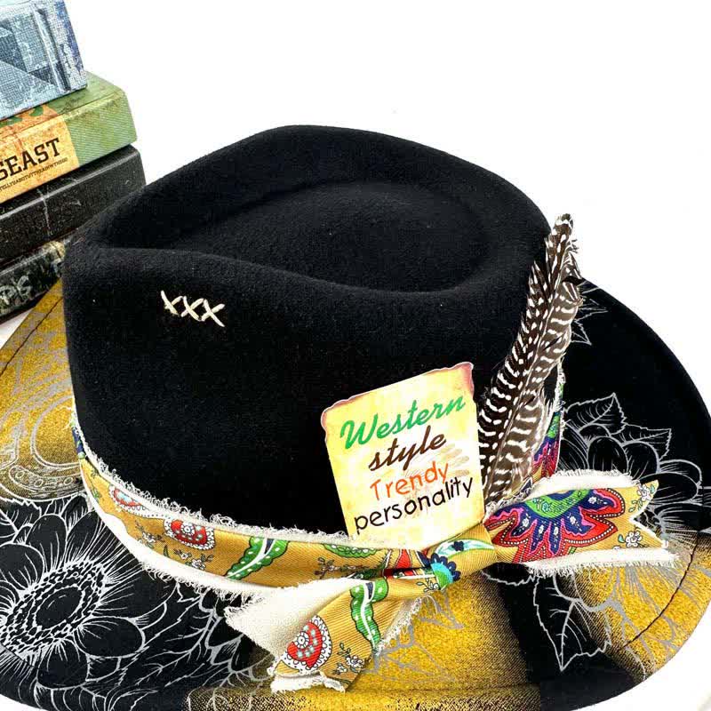 Cappello da cowboy western con decorazione a forma di girasole e piume dipinta a spruzzo - image 4
