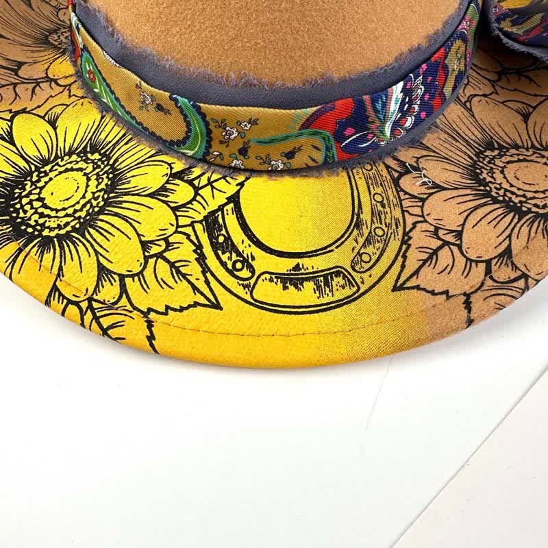 Cappello da cowboy western con decorazione a forma di girasole e piume dipinta a spruzzo - image 1