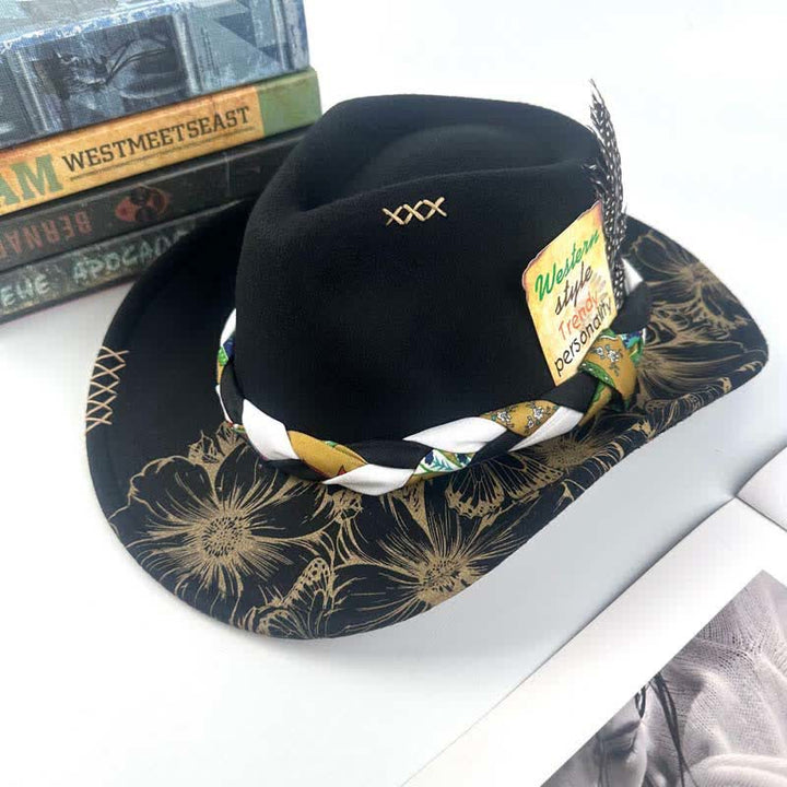 Cappello da cowboy con cinturino etnico decorato con piume di girasole occidentali - Nero - M (22"-22 7/8") - image 9