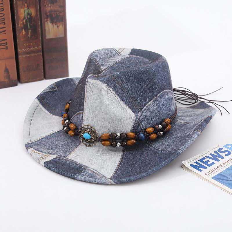 Cappello da cowboy in denim con fascia perline di legno e design color-block - Grigio - M (22"-22 7/8") - image 0