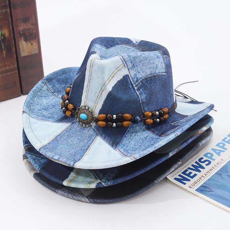 Cappello da cowboy in denim con fascia perline di legno e design color-block - image 1