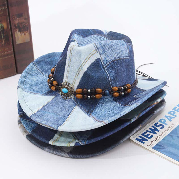 Cappello da cowboy in denim con fascia perline di legno e design color-block - image 1