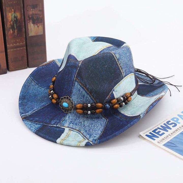 Cappello da cowboy in denim con fascia perline di legno e design color-block - Marina - M (22"-22 7/8") - image 6