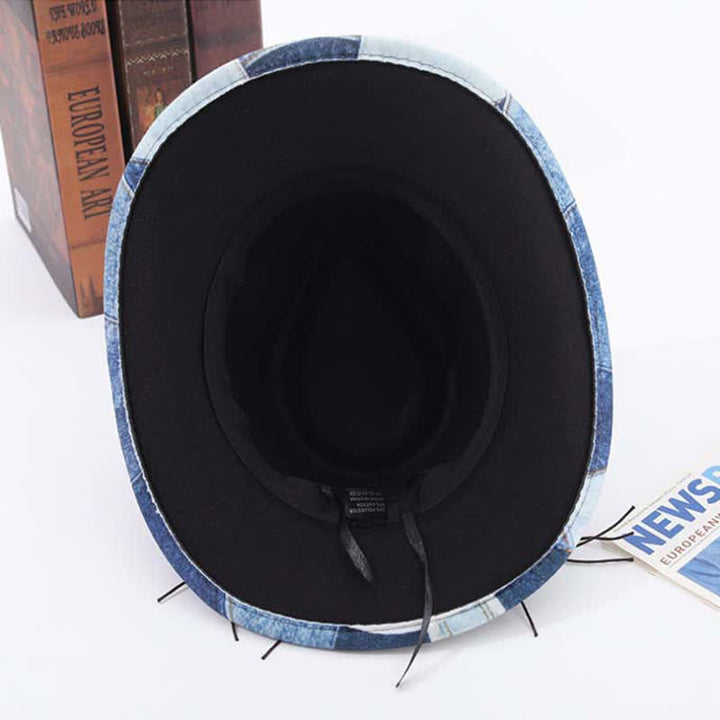 Cappello da cowboy in denim con fascia perline di legno e design color-block - image 4