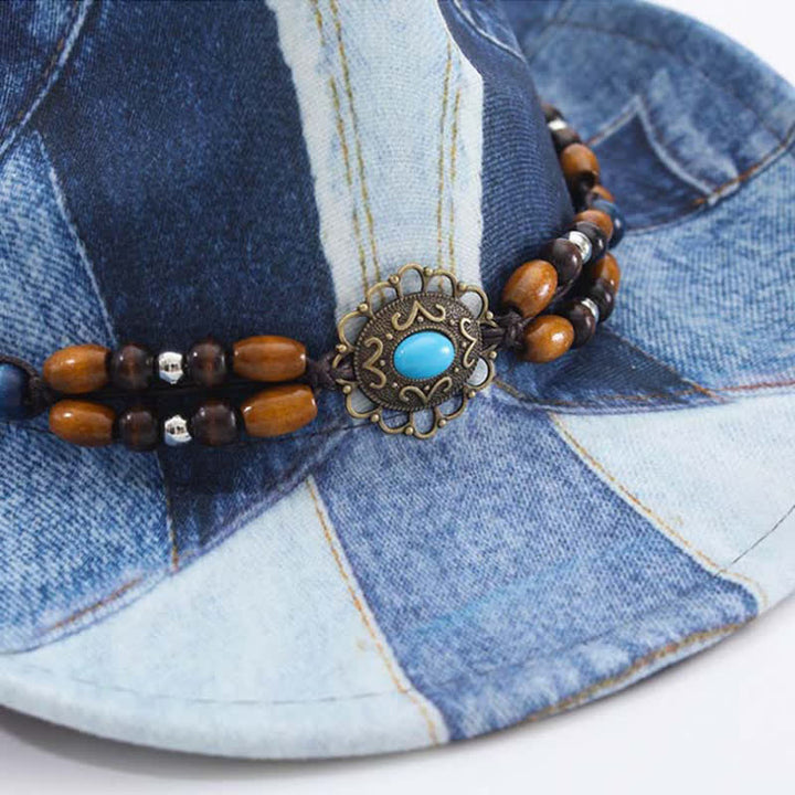 Cappello da cowboy in denim con fascia perline di legno e design color-block - image 3