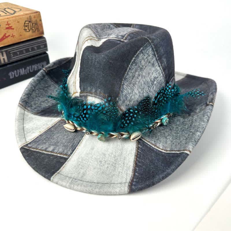Cappello da cowboy in denim con piume verdi e design color-block - Grigio - M (22"-22 7/8") - image 4