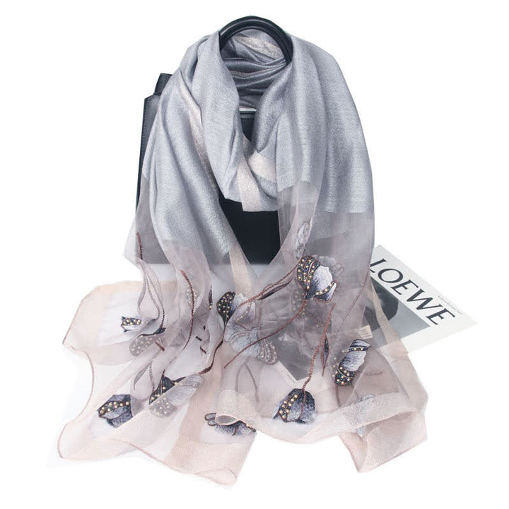 Sciarpa da donna in lana e seta con perline ricamate a mano e motivi floreali - Grigio - image 4