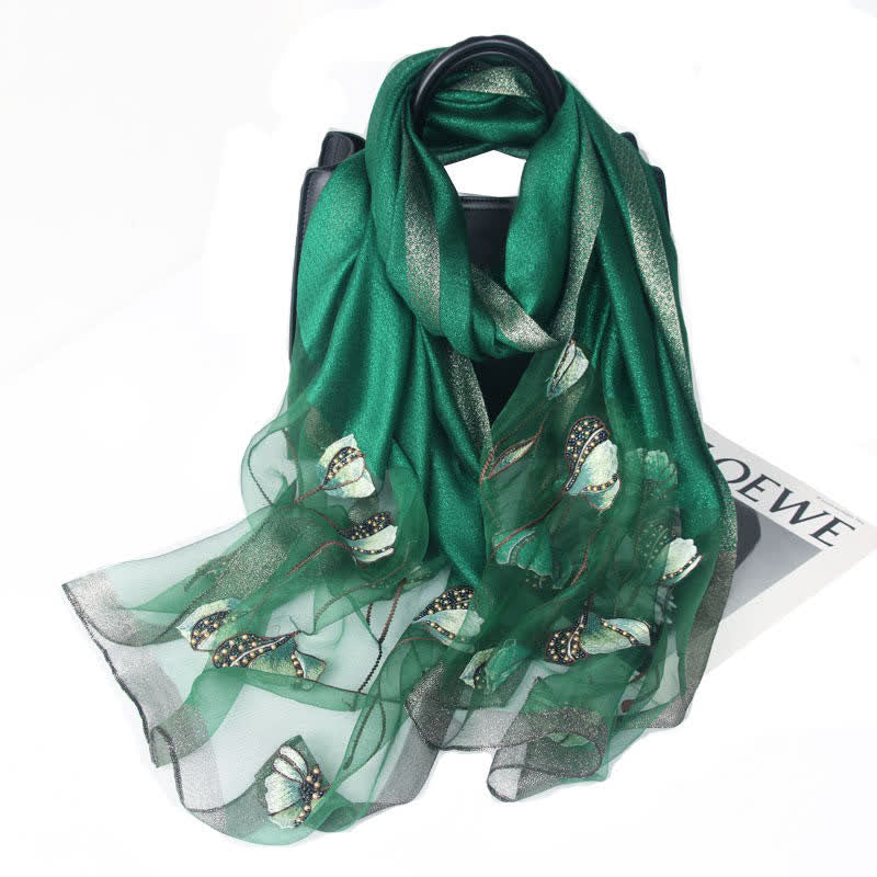 Sciarpa da donna in lana e seta con perline ricamate a mano e motivi floreali - Verde - image 5