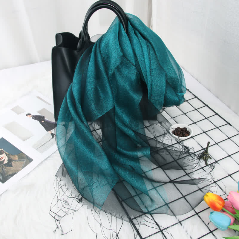 Sciarpa in organza di seta con nappe luccicanti a doppio strato da donna - Ciano scuro - image 5