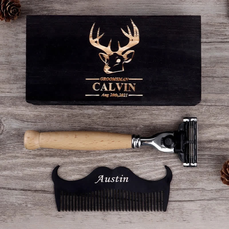 Set di 3 rasoi da sposo con nome personalizzato, souvenir, con scatola di legno - 3 pezzi - image 0