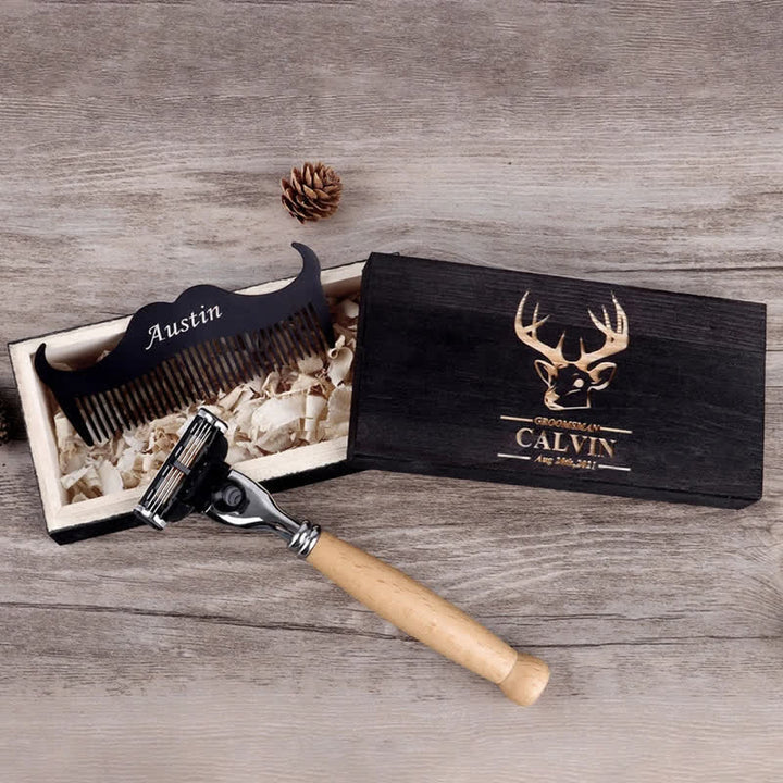 Set di 3 rasoi da sposo con nome personalizzato, souvenir, con scatola di legno - image 1