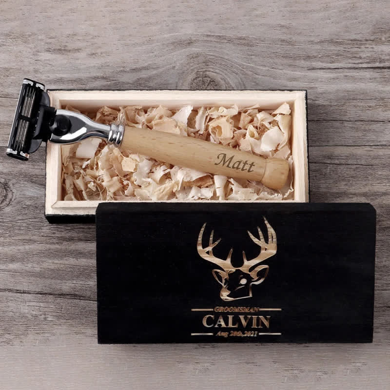 Set di 3 rasoi da sposo con nome personalizzato, souvenir, con scatola di legno - image 3