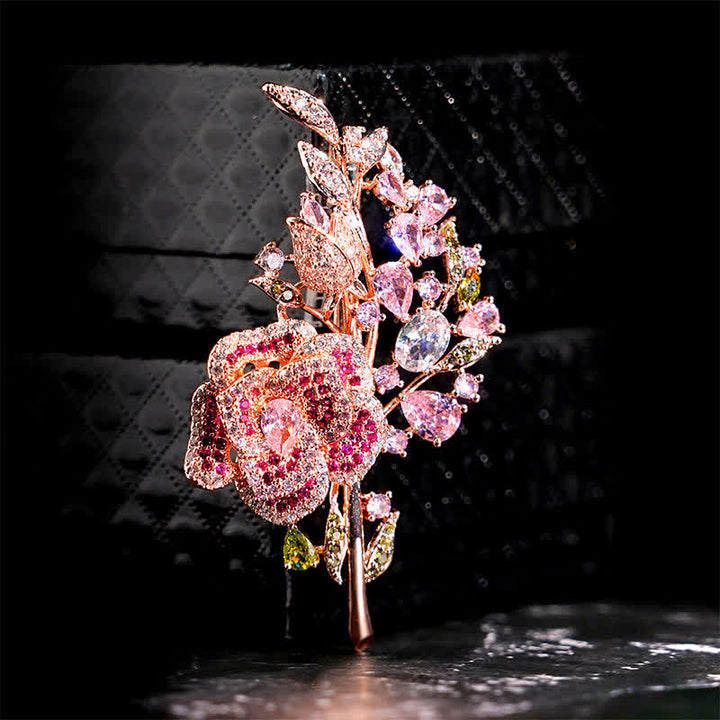 Spilla da donna con bouquet di rose e zirconi - Rosa scuro - image 0