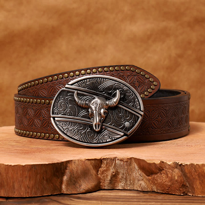 Cintura in pelle con coltello pieghevole nascosto Longhorn Bull fai da te da uomo - Toro dalle corna lunghe - Cintura con rivetti marroni - 42 - image 11