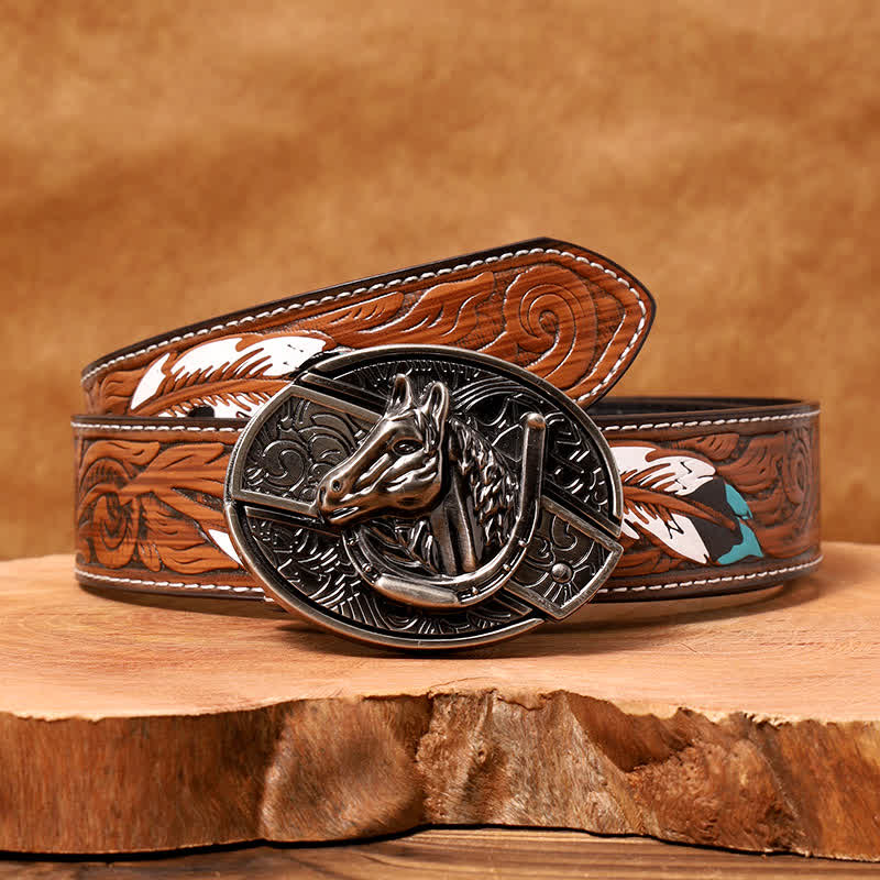 Cintura in pelle con coltello pieghevole nascosto a forma di testa di cavallo fai da te da uomo - Testa di cavallo - Cintura di piume marroni - 40 - image 11